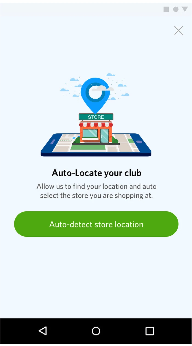 Auto-Locate your club onboarding screen: an illustrated storefront pin on a map above the line “Allow us to find your location and auto select the store you are shopping at” and a green Auto-detect store location button
