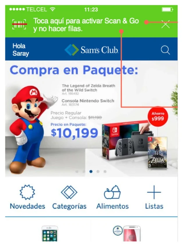 The live Sam's Club Mexico app home screen with a green Scan & Go activation banner annotated in red, a Compra en Paquete promotion and the bottom navigation
