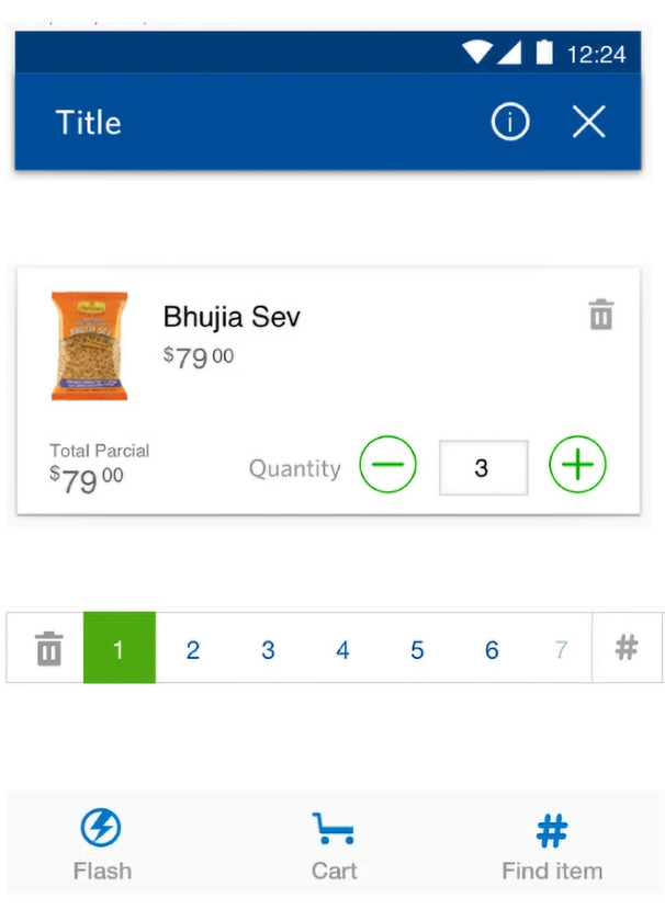 UI element sheet: a blue app bar with a Title and info and close icons, a product row for Bhujia Sev at $79 with a quantity stepper, and a numbered pagination strip