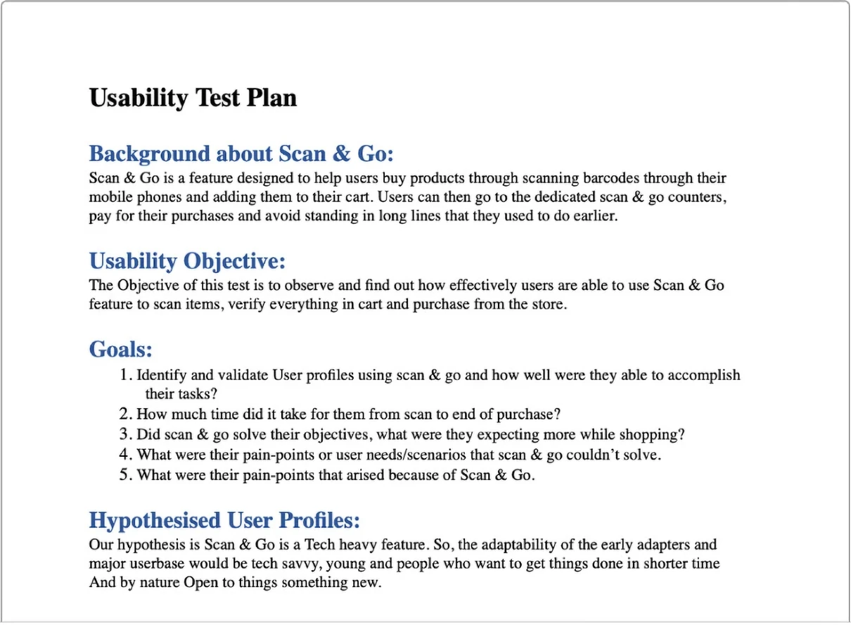 Page one of the usability test plan: background on Scan & Go, the usability objective, five goals covering profile validation, time from scan to purchase and pain points, and the hypothesised early-adopter user profiles
