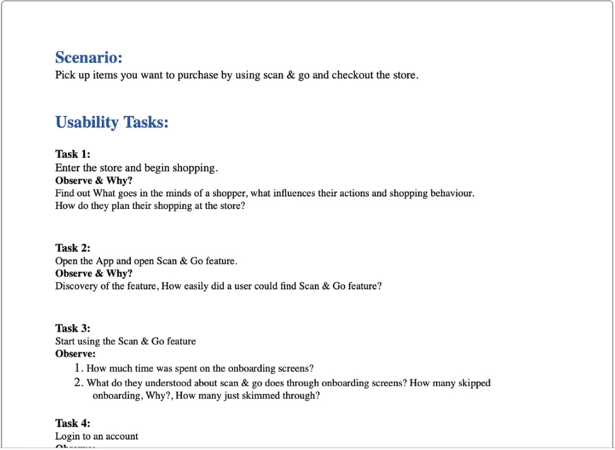 Page two of the usability test plan: the shopping scenario, then numbered tasks — enter the store and begin shopping, open the Scan & Go feature, start using it, and log in to an account — each with its own observe-and-why prompts