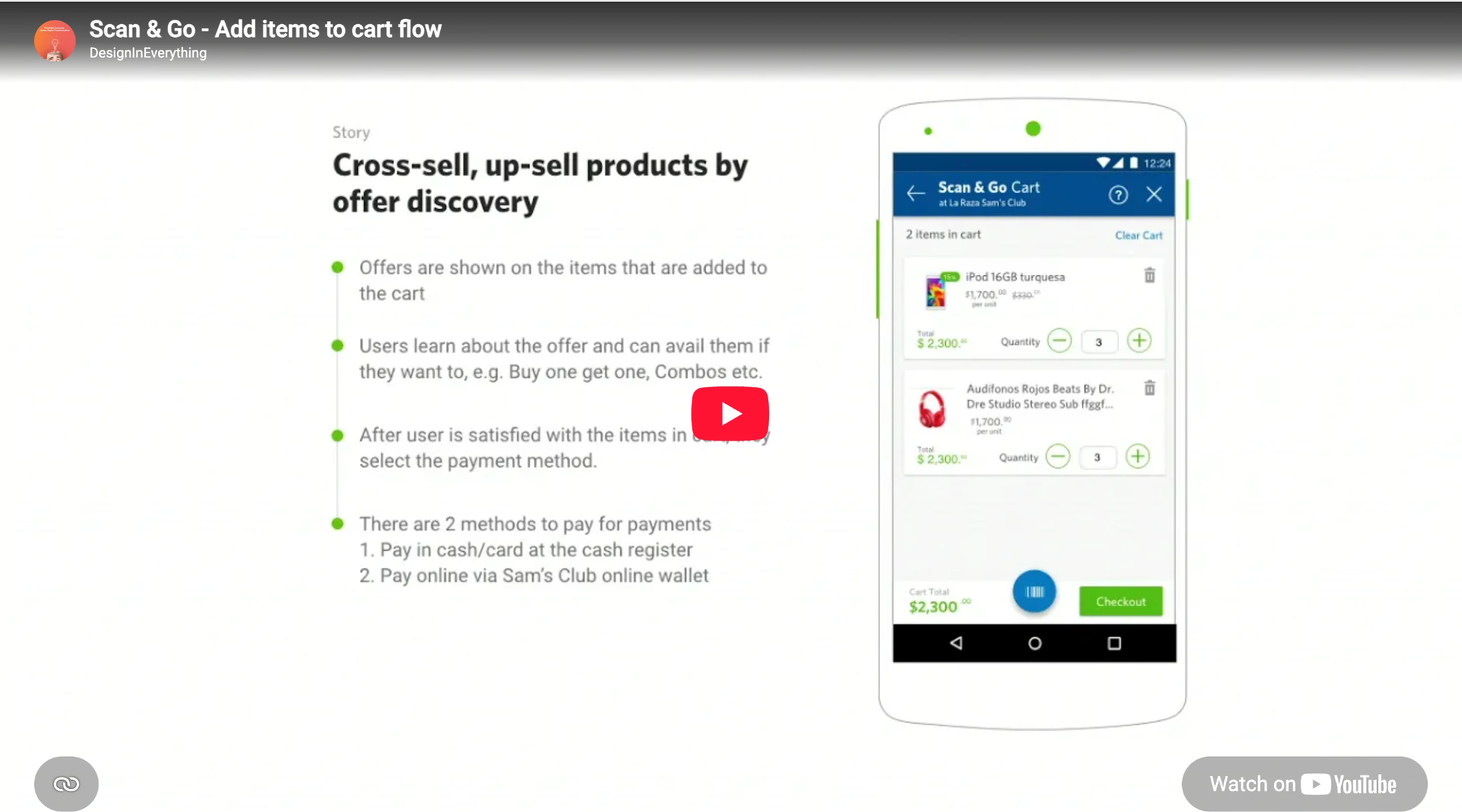 Walkthrough still titled “Scan & Go – Add items to cart flow”: a slide headed “Cross-sell, up-sell products by offer discovery” listing how offers surface on cart items and the two ways to pay, beside a phone showing the Scan & Go cart with two items and a $2,300 total