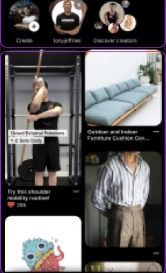 Pinterest home feed highlighting the creator row and the discovery pin grid