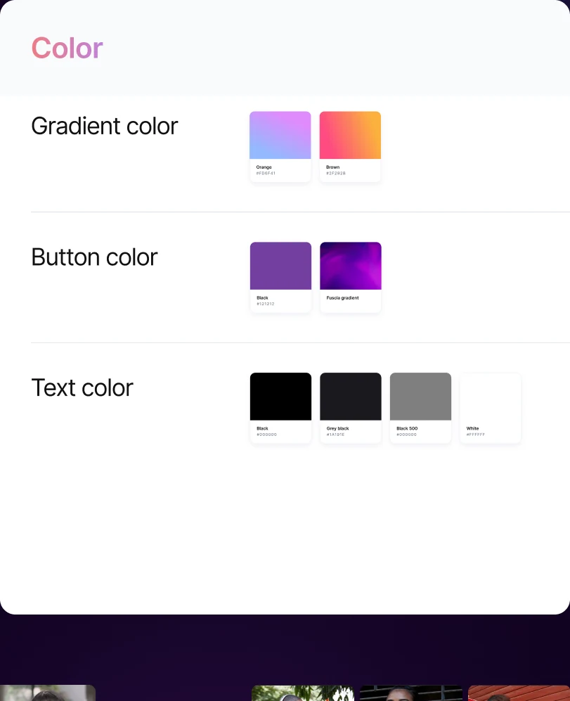 Color spec sheet showing gradient, button, and text color swatches