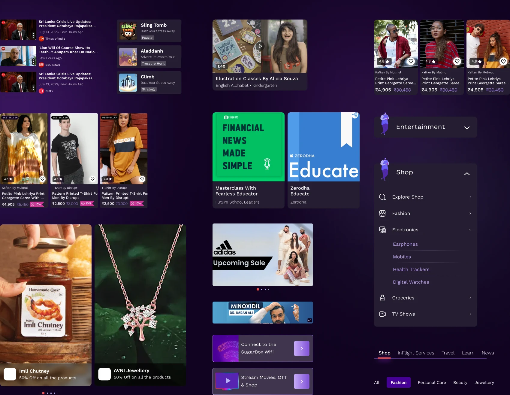 Component library showcase: news cards, game promo cards, product cards, editorial banners, and the Entertainment/Shop navigation sidebars