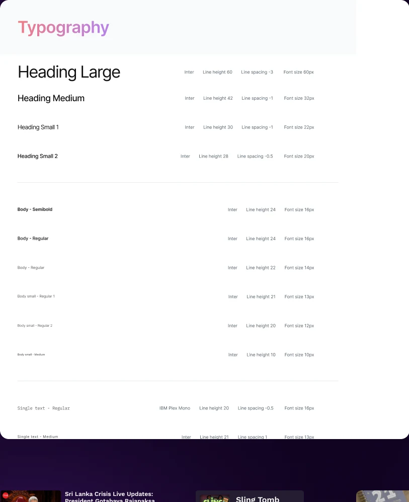 Typography spec sheet listing Heading Large through Body Small styles with font, line height, letter spacing, and size annotations