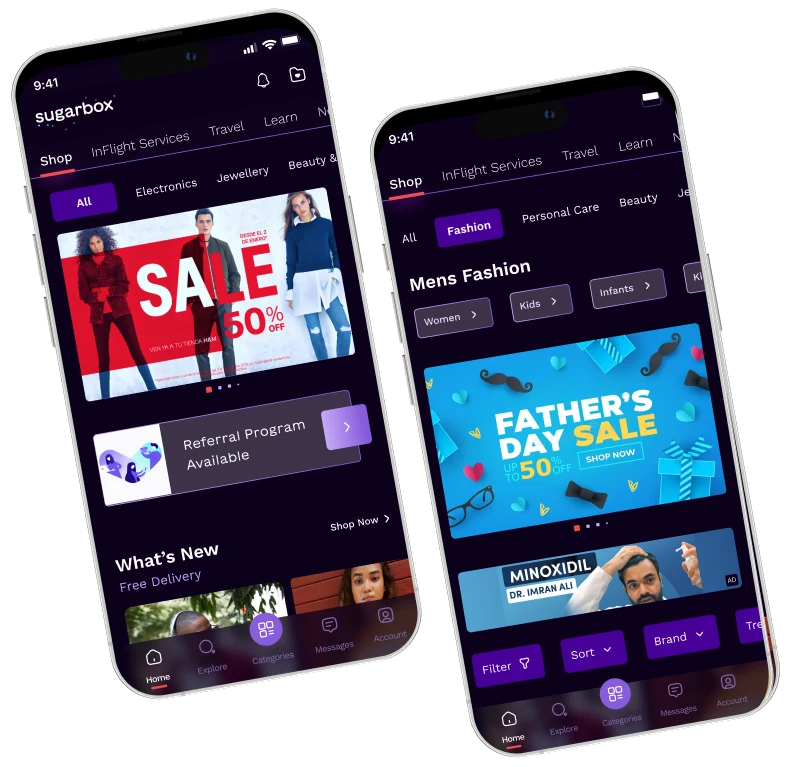 SugarBox WebApp shop home and fashion category screens