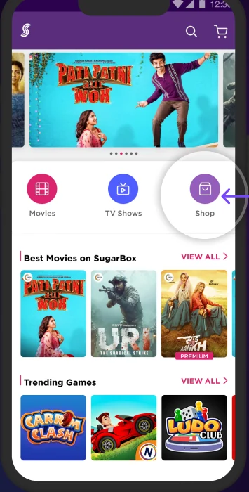 SugarBox homepage with Shop tab highlighted, showing low discoverability of the tap target