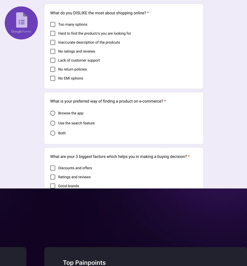 Google Forms survey asking about online shopping preferences and pain points