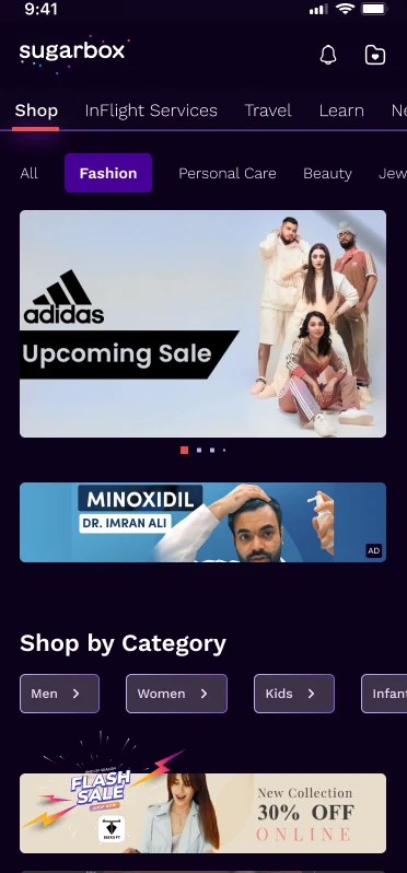 Fashion shop with an Adidas upcoming sale banner and Shop by Category