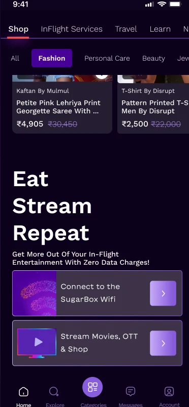 'Eat, Stream, Repeat' in-flight entertainment promo with Wifi and streaming CTAs