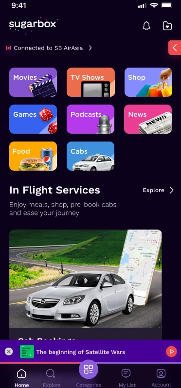 In-flight services menu with Movies, TV Shows, Shop, Games, Podcasts, News, Food, and Cabs