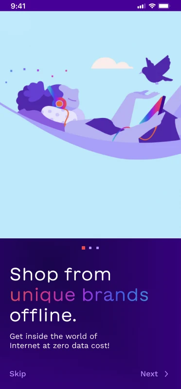 Onboarding screen: 'Shop from unique brands offline'