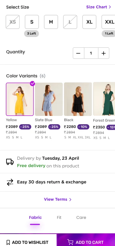 Product size and color variant selector with delivery and return info