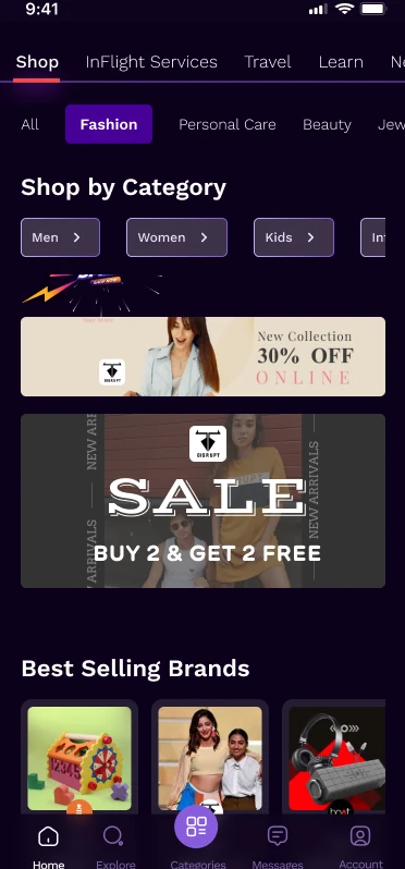 Shop by Category screen with Men, Women, Kids filters and Best Selling Brands