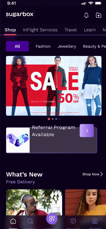 Shop home with a 50% sale banner and What's New product carousel