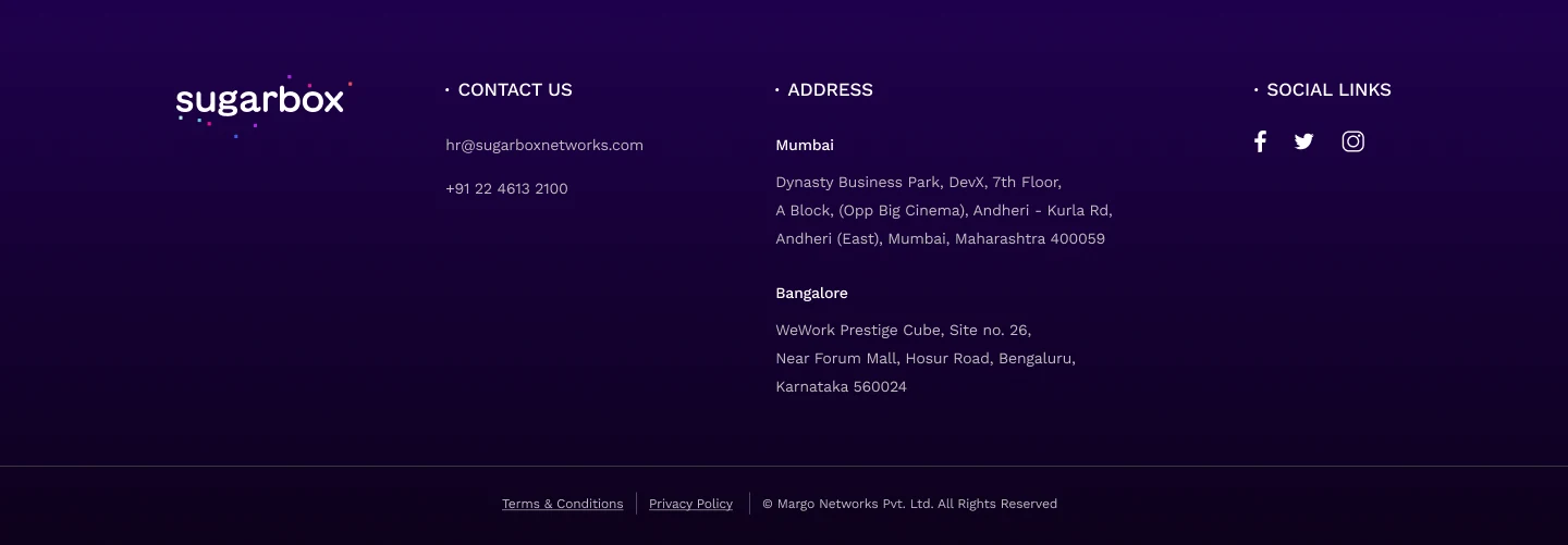 Site footer on deep purple: the sugarbox wordmark, contact details, the Mumbai and Bangalore office addresses, social links, and a bottom bar with Terms & Conditions and Privacy Policy.
