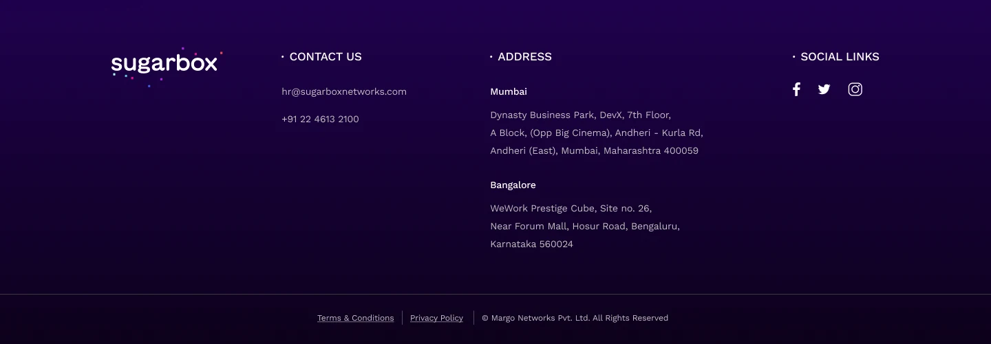 The same site footer: sugarbox wordmark, contact details, the Mumbai and Bangalore addresses, social links, and the Terms & Conditions and Privacy Policy bar.