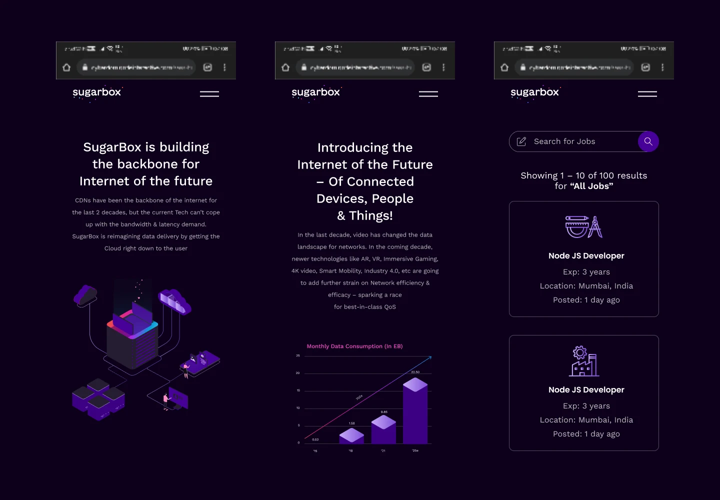 The same design at phone width, on three screens: the homepage hero with its isometric illustration, the “Internet of the Future” page with its data-consumption chart reflowed to one column, and a jobs board showing 1–10 of 100 results with cards for Node JS Developer roles in Mumbai.