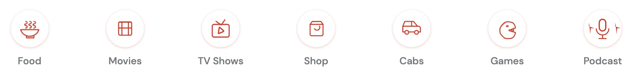 Service icons: Food, Movies, TV Shows, Shop, Cabs, Games, Podcast