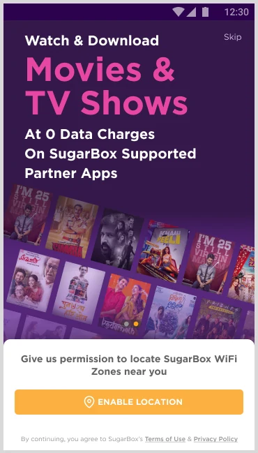 Onboarding screen asking to enable location for SugarBox WiFi