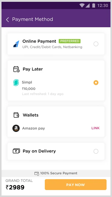 Payment method screen
