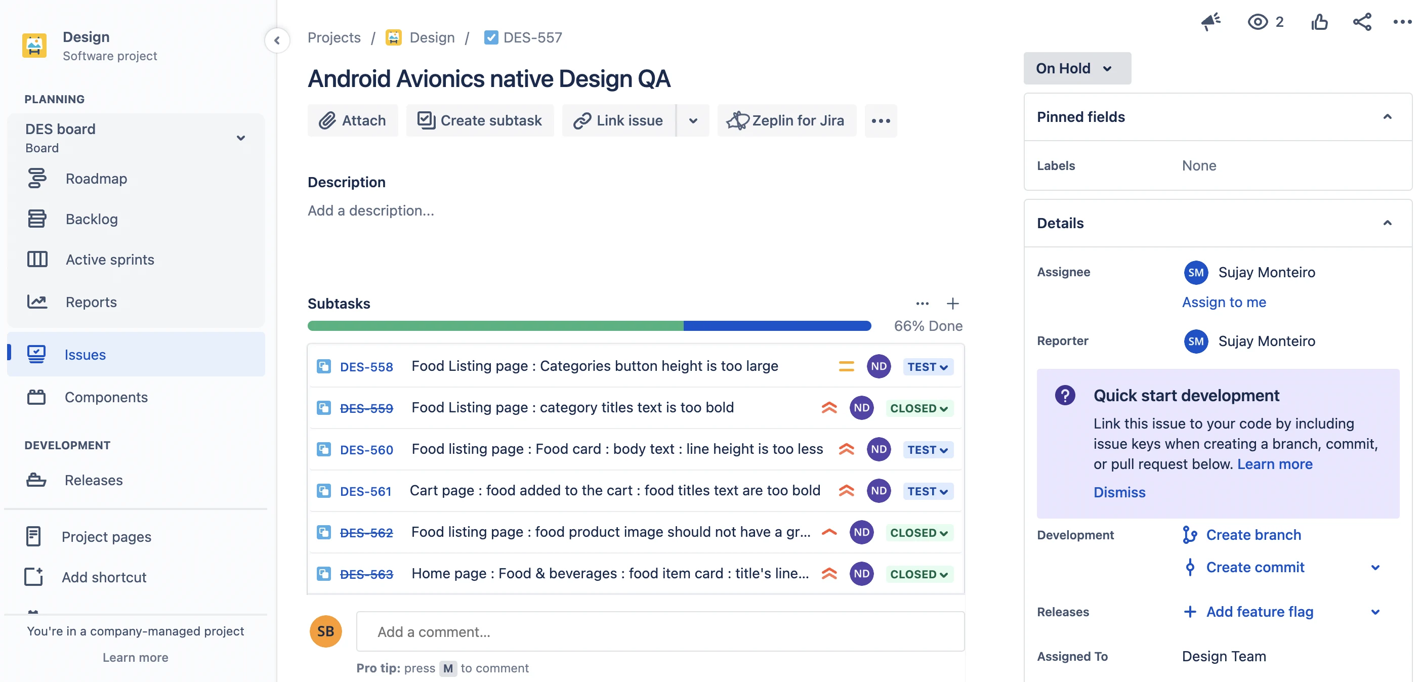 Visual QA tracker: Jira issue board with QA subtasks