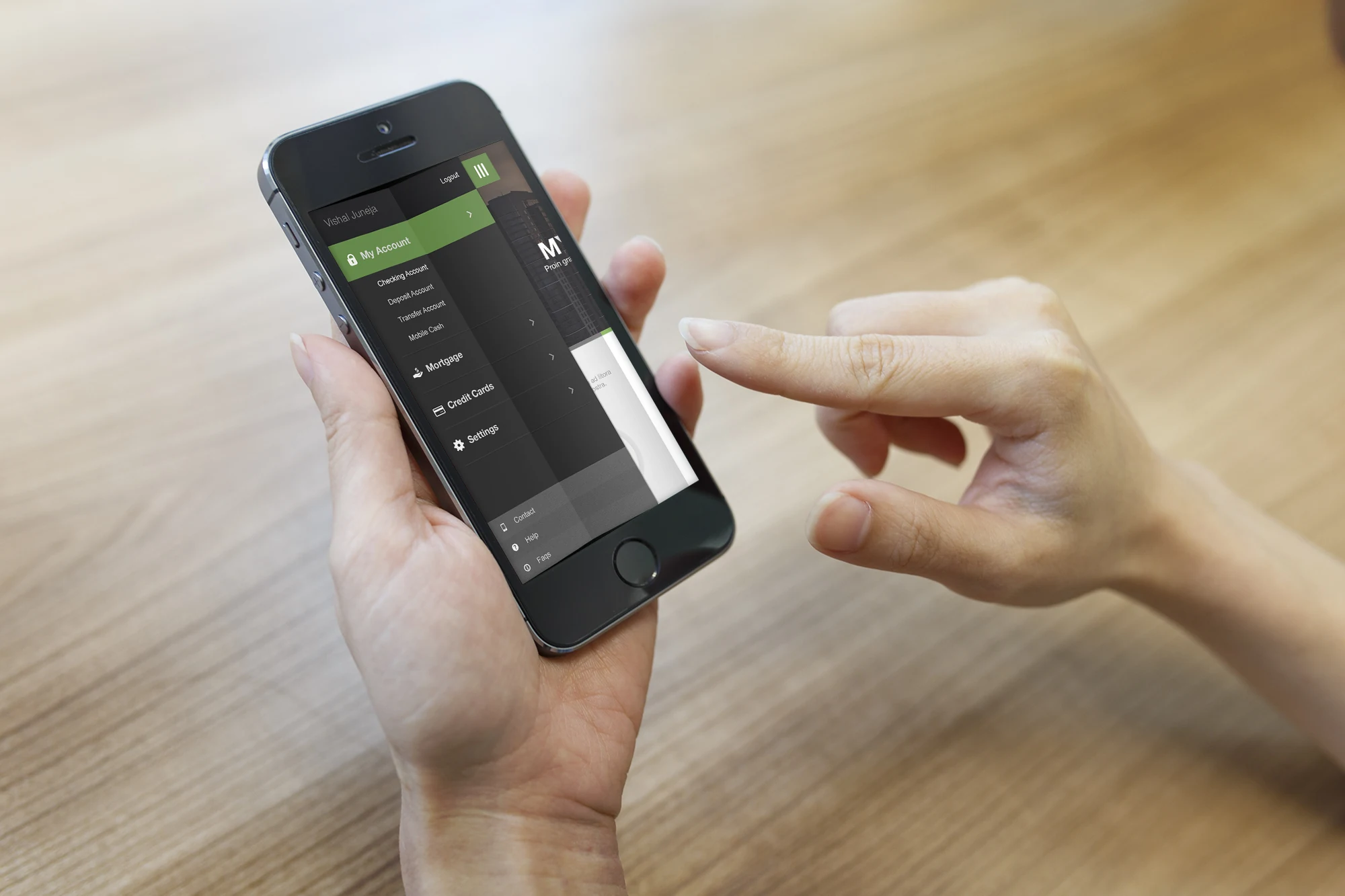 The phone app with its slide-over menu open: My Account, Checking, Deposit, Transfer, Mobile Cash, Mortgage, Credit Cards and Settings