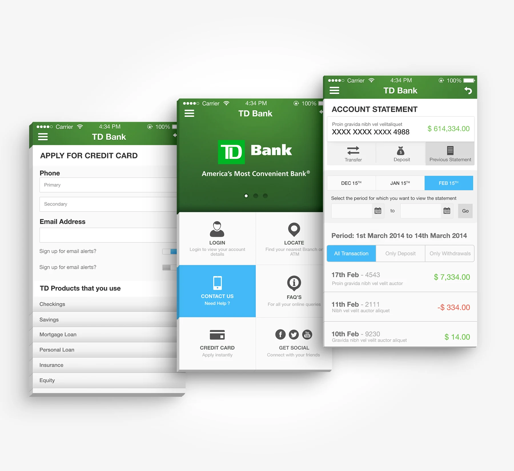Three phone screens overlapping: a credit card application form, the home screen's six-tile grid, and an account statement with its transaction list