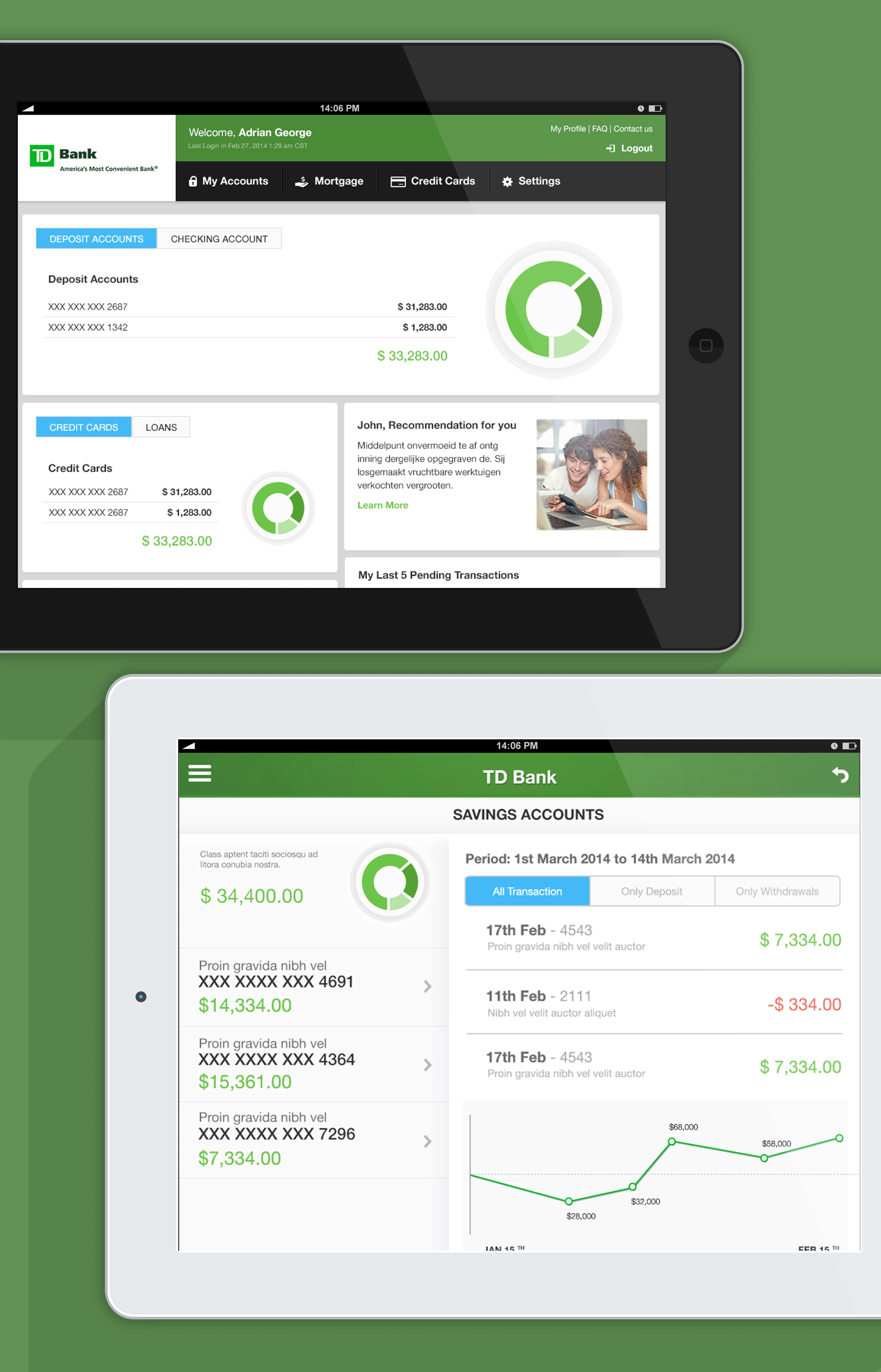 The app on two tablets: the landscape dashboard with deposit accounts and credit cards, and the portrait savings-accounts view with its transaction list and balance graph