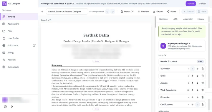 CV Designer editor stepping through the Sections, ATS readiness and Job match panels