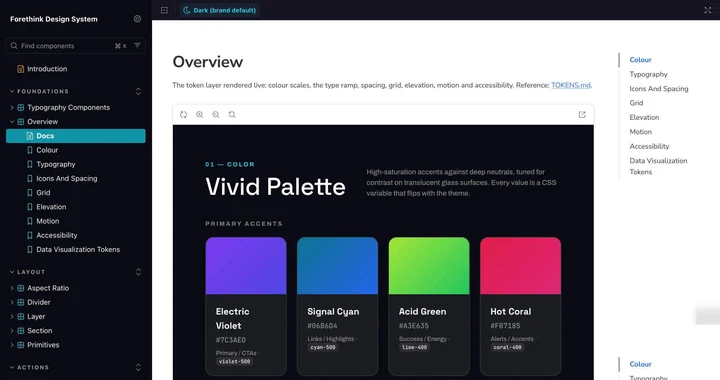 Forethink Design System Storybook, scrolling the colour token overview