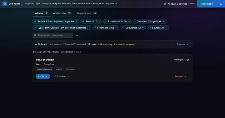 Jobs Radar results with the Roles and Location filters opening