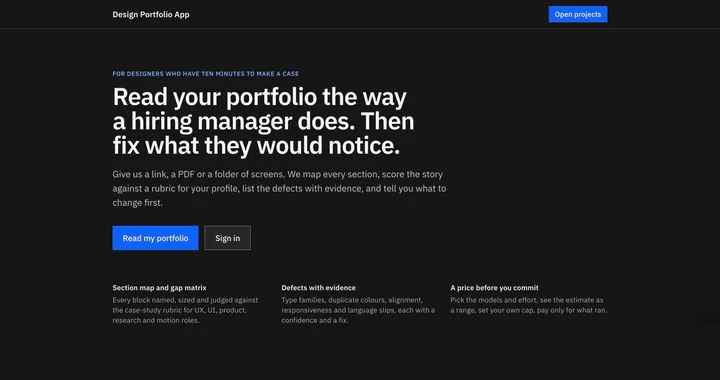 Portfolio Designer landing page: Read your portfolio the way a hiring manager does