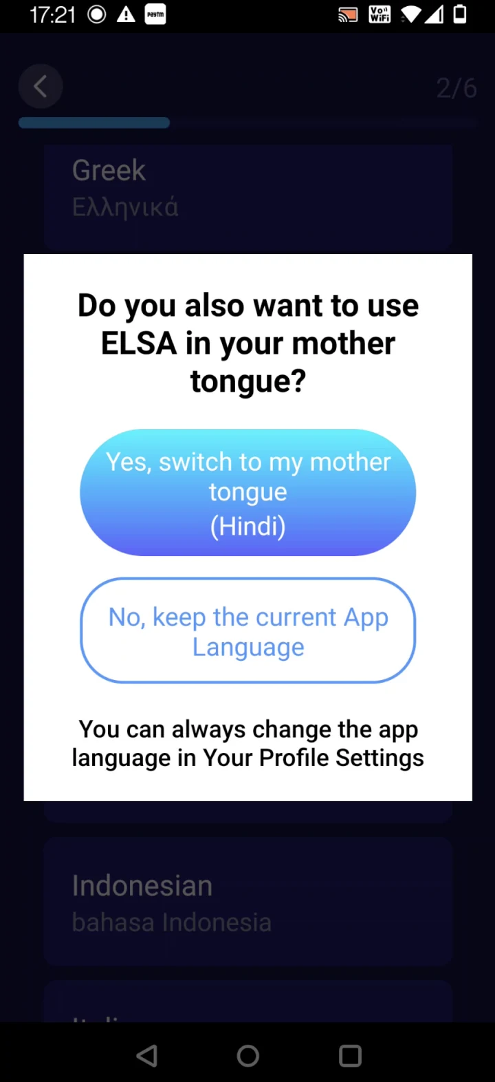 Switch to mother tongue prompt