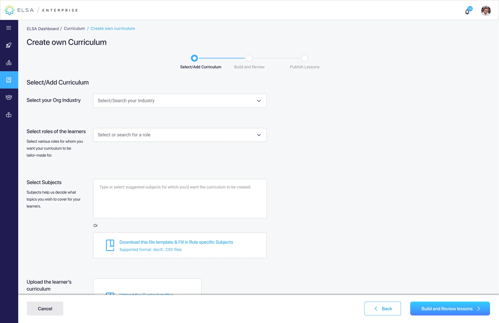 Select / add curriculum