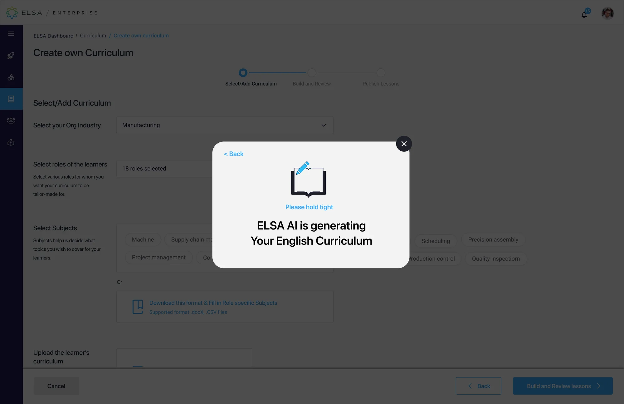 ELSA AI generating the curriculum