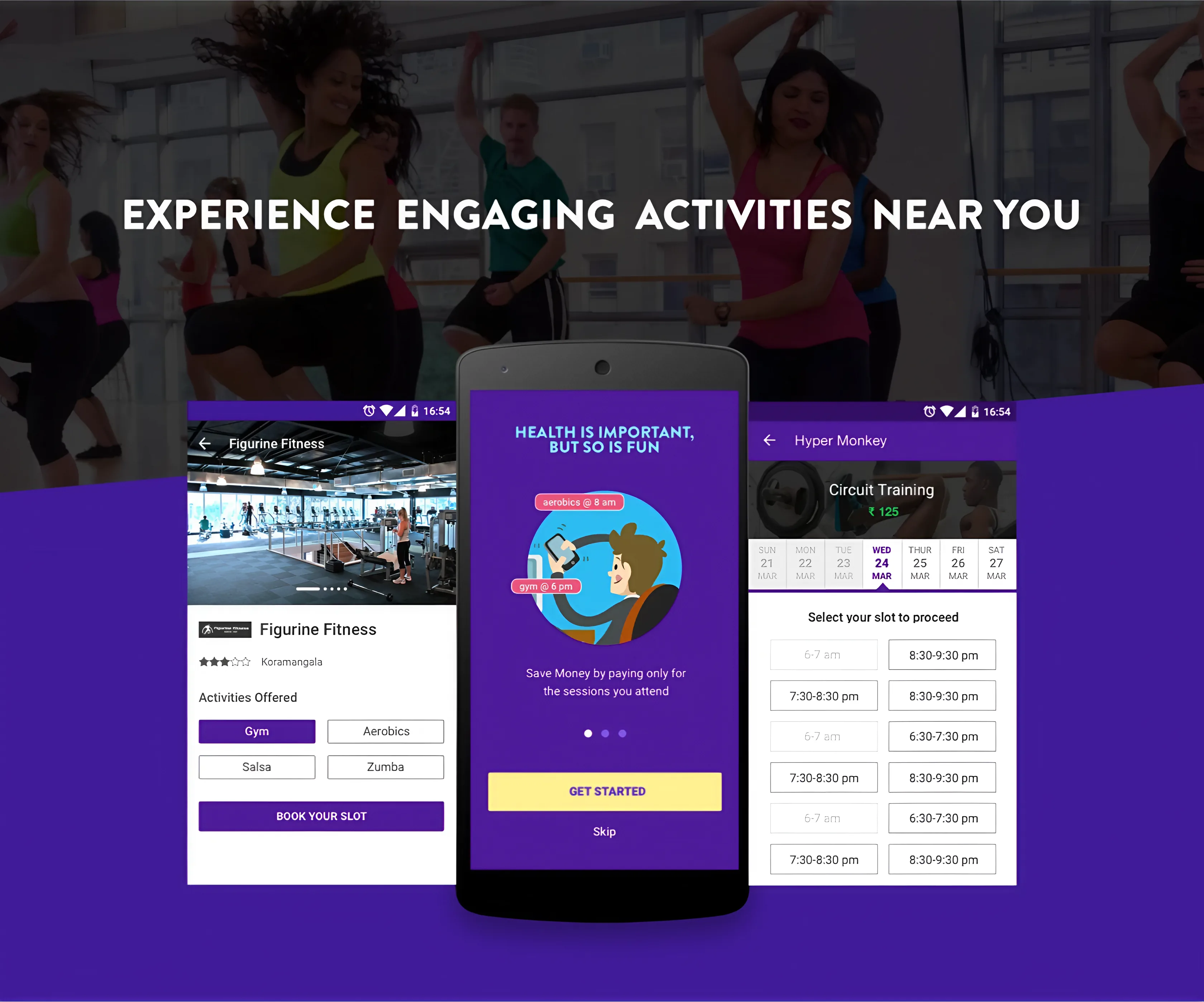A dance-fitness class with healthmonk screens on a purple wedge