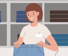 Illustration of a shopper holding up a pair of jeans in a store