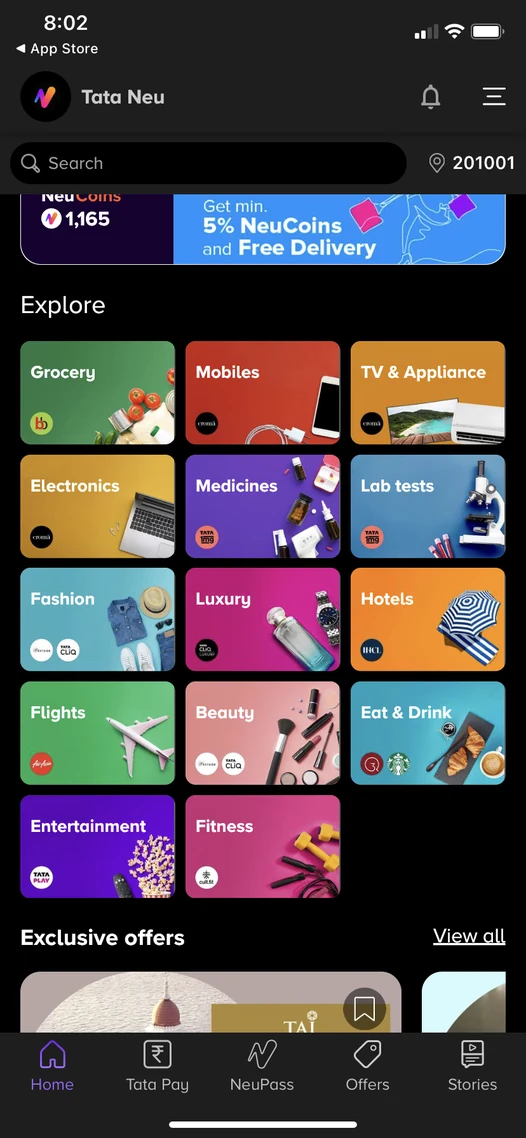 Concept: explore screen showing every category and subcategory upfront