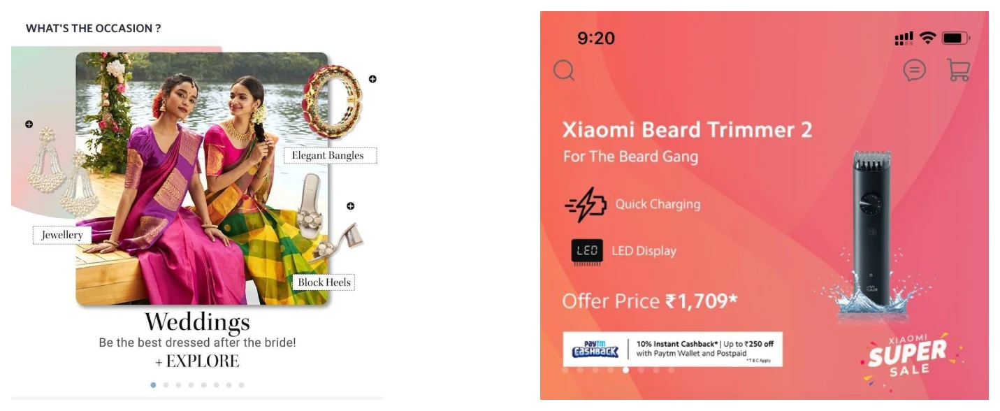 A Weddings occasion banner beside a Xiaomi beard trimmer offer page