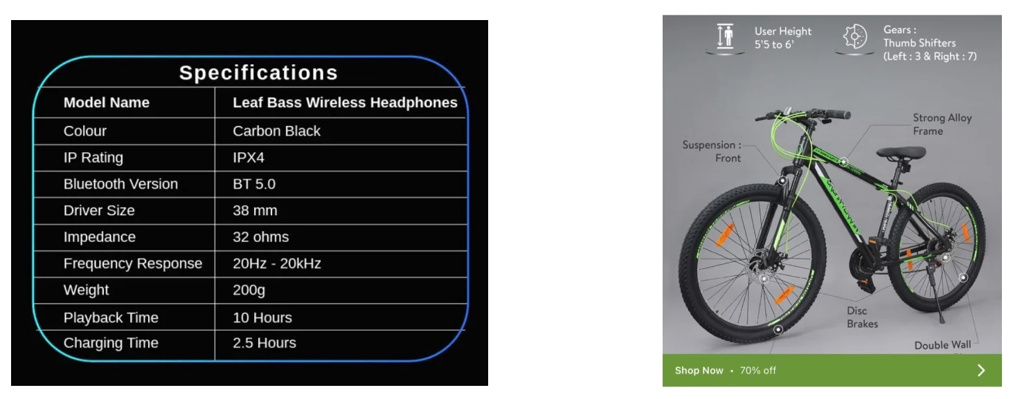 A headphone specification table beside an annotated bicycle product image
