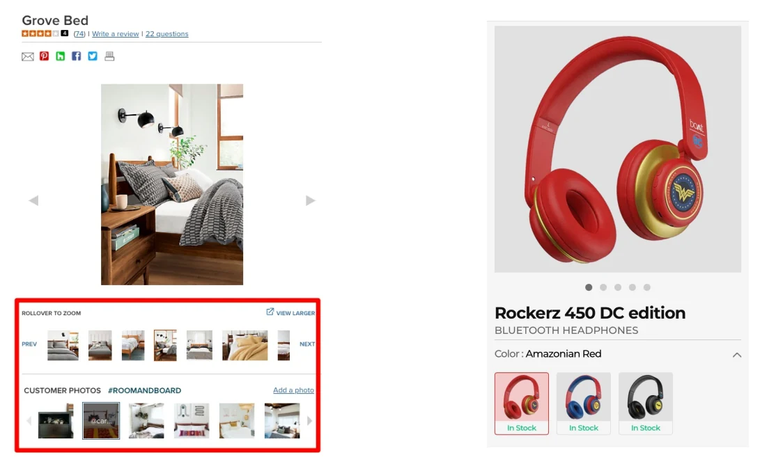 A bed’s product gallery with customer photos, beside red headphones with colour options