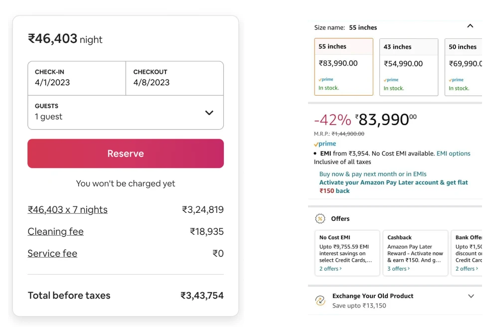 A booking price breakdown with fees, beside a TV’s size options and offers