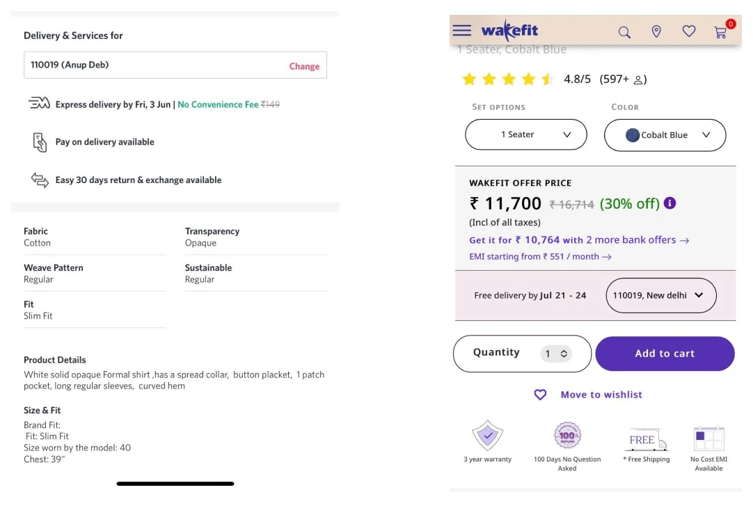A delivery-by-pincode panel beside a Wakefit product page with a free-delivery date