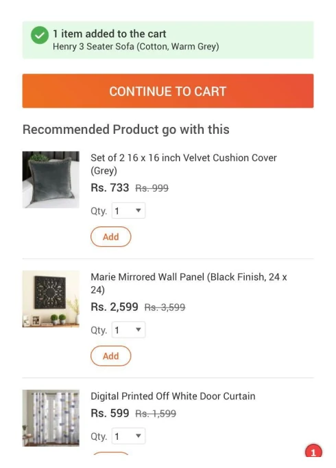 Item added to cart confirmation with recommended products