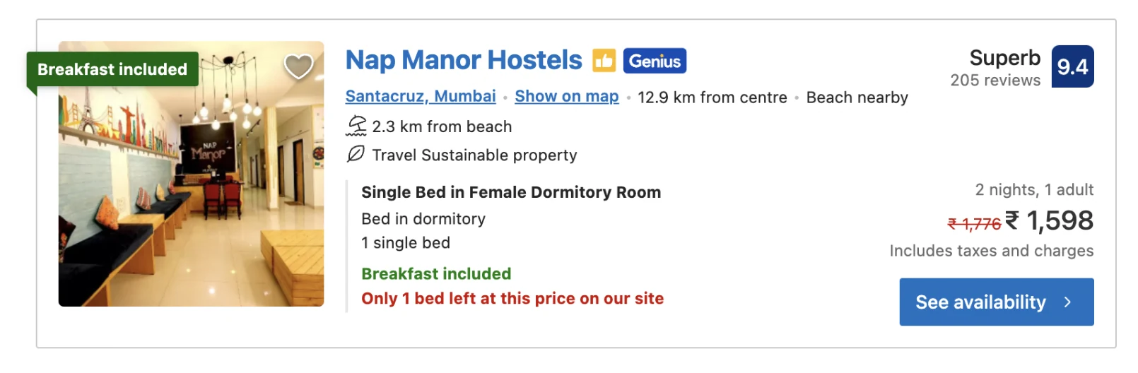 A hostel listing with a rating badge, breakfast included and “Only 1 bed left at this price”