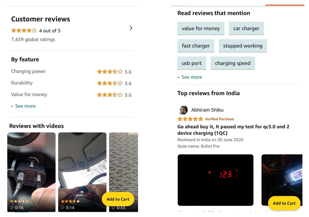 Customer reviews by feature, review tags and reviews with videos