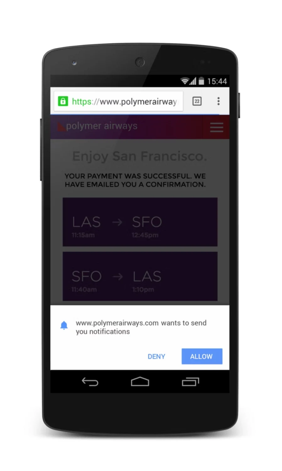 Android phone showing a web app’s prompt to allow notifications