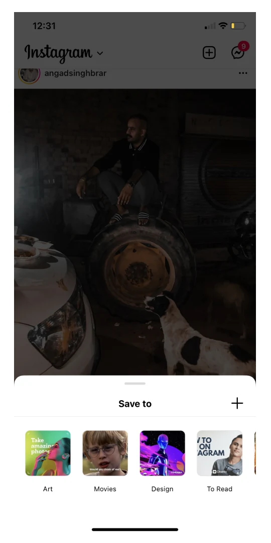 Instagram post with its Save to collection sheet open